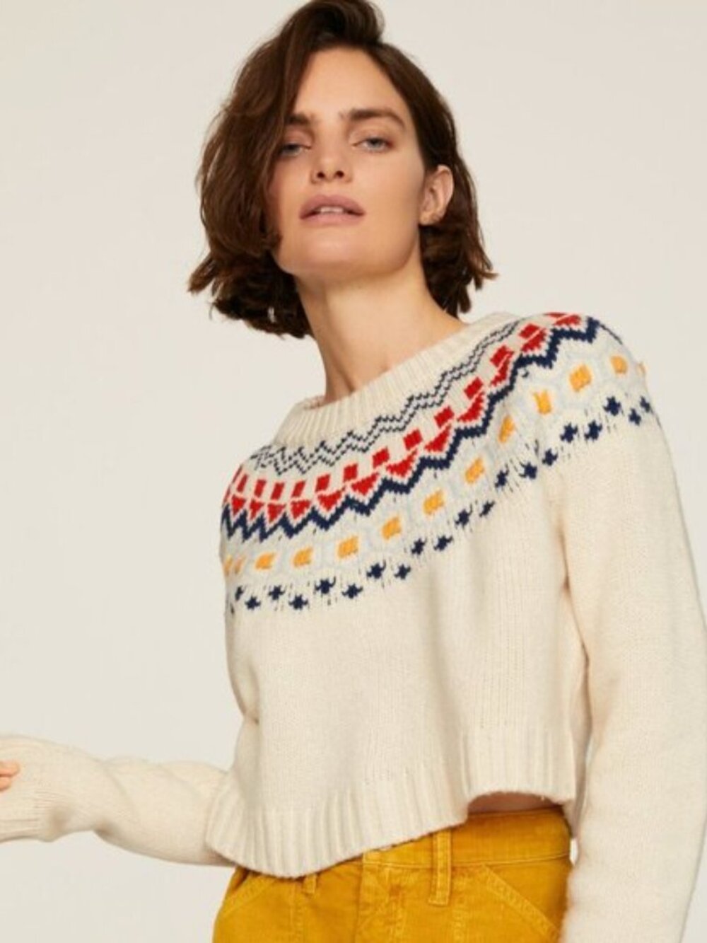 Solid & Striped Carley Fair Isle Cropped Wool Sweater in Ivory Multi